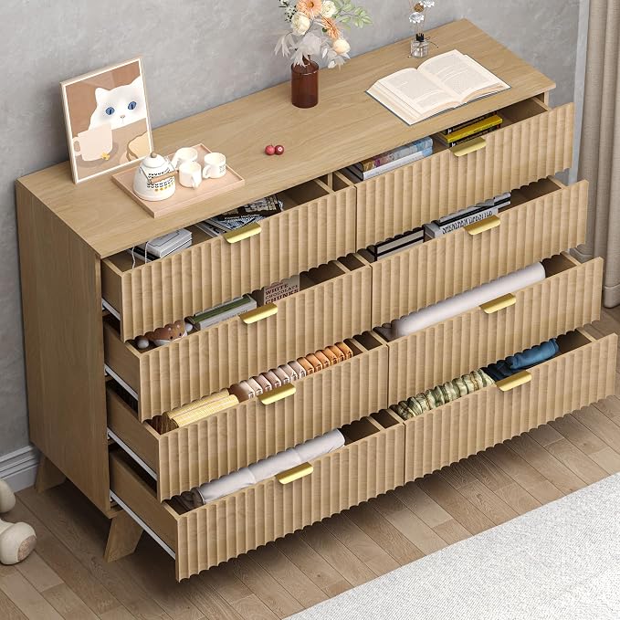 Fluted 8 Drawer Tall Dresser, 47.2" Wide Modern Boho Chest of Drawers, Wooden - Image 4