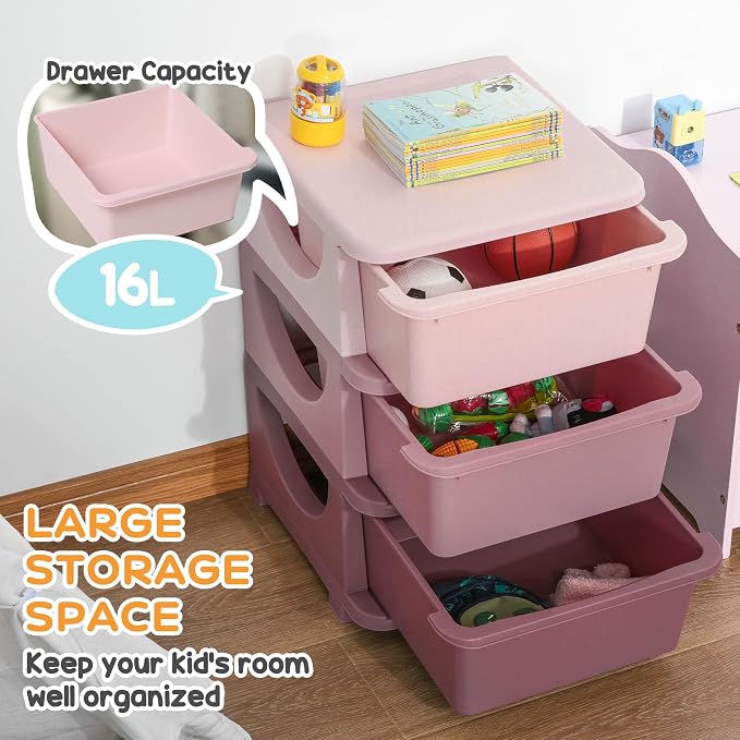 Qaba 3 Tier Kids Storage Unit, 3 Drawer Chest Toy Organizer Plastic Bins - Image 4