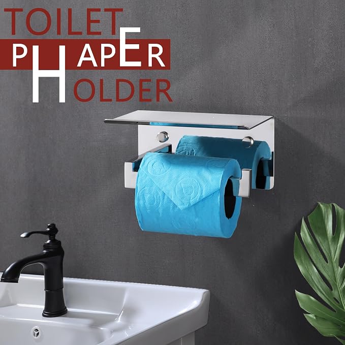 LANC Toilet Paper Holder with Shelf Silver Chrome Toilet Tissue Roll Holder - Image 3
