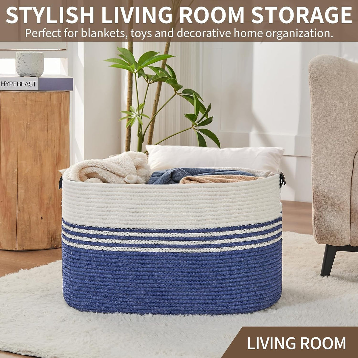 DOFASAYI Laundry Hamper, 72L Cotton Rope Laundry Basket, Dark Blue &