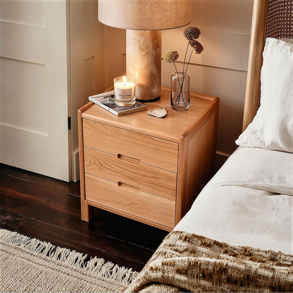 Nightstand, Solid Wood Small End Table w/3 Drawers, Modern Bedside