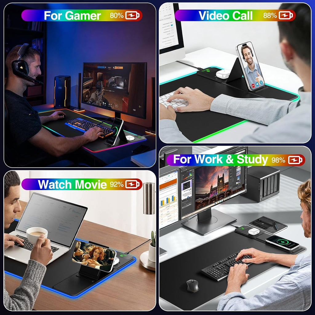 RGB Gaming Mouse Pad with Magnetic Wireless Charging & Foldable Phone