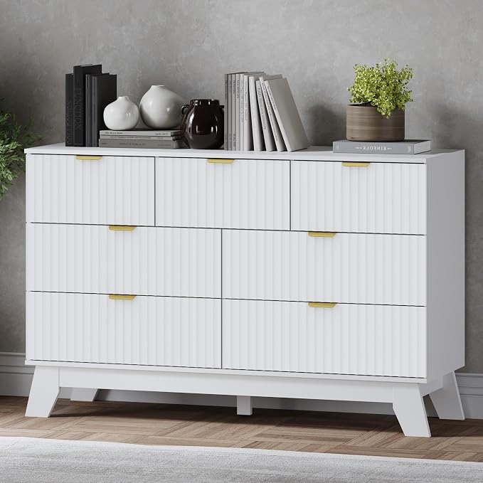 Fluted 7 Drawer Dresser, 47.2" Wide Modern Boho Chest of Drawers, Wooden by BORNOON