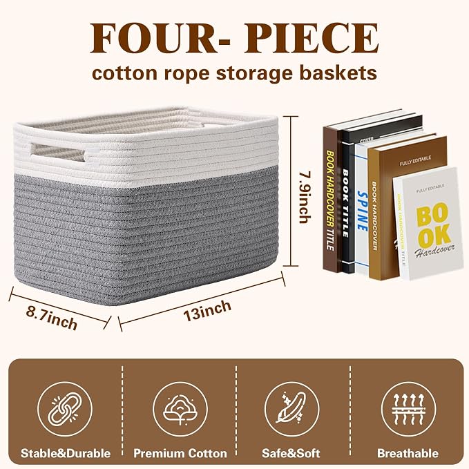 Storage Baskets for Organizing, 4 Pack Storage Baskets for Shelves, Woven - Image 3