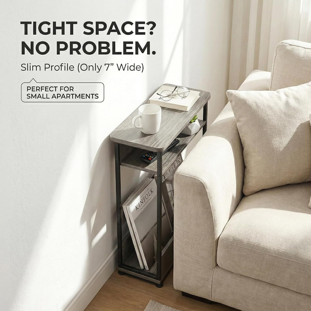 Narrow Side Table,3-Tier Slim End Table with Storage Shelf,Modern Sofa
