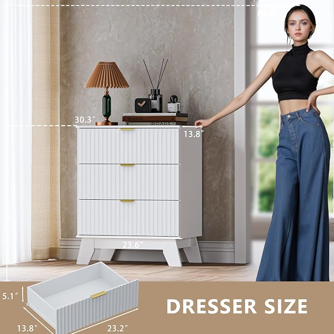Fluted 3 Drawer Dresser, 30.3" Tall Compact Modern Boho Chest of Drawers - Image 3