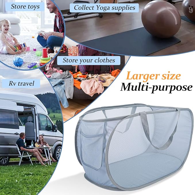 Extra Large Mesh Pop Up Laundry Hamper 2 Pack, 100L Foldable Laundry Baskets - Image 5