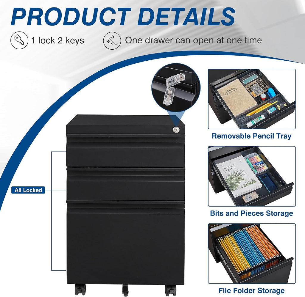 3 Drawer Vertical File Cabinet, Black Mobile Filling Cabinet with Lock