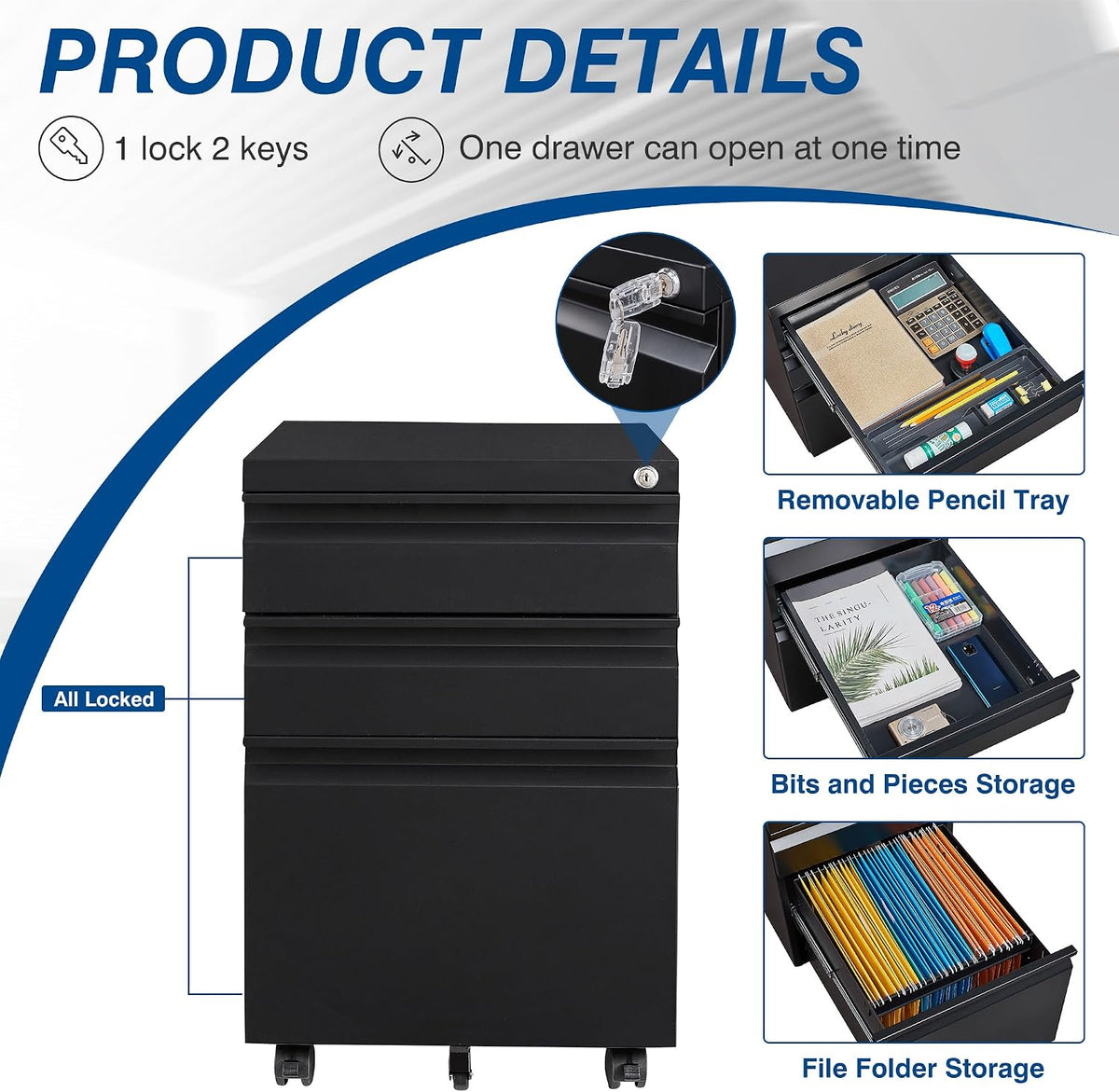 3 Drawer Vertical File Cabinet, Black Mobile Filling Cabinet with Lock