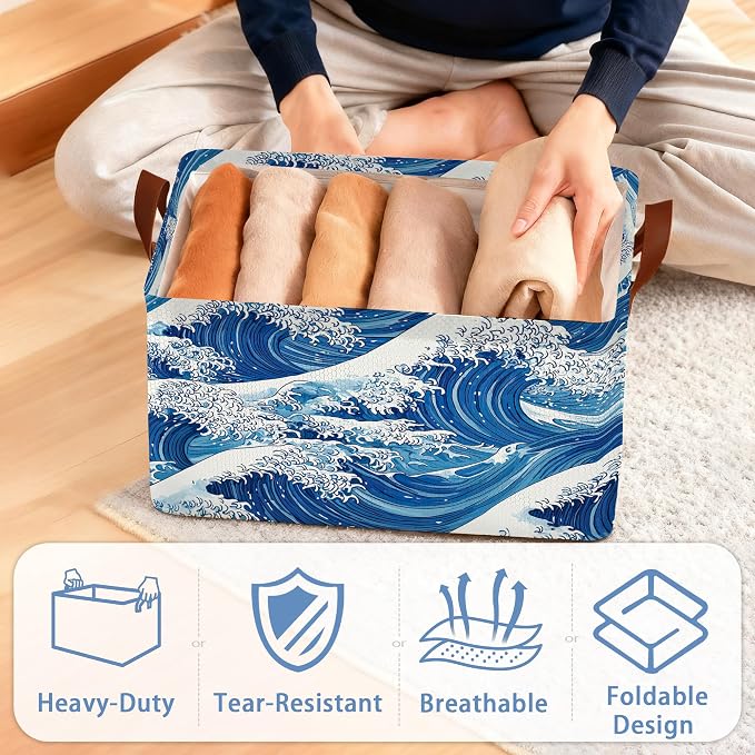 Ocean Wave Storage Baskets, Japanese Foldable Organizer Bin - Image 4