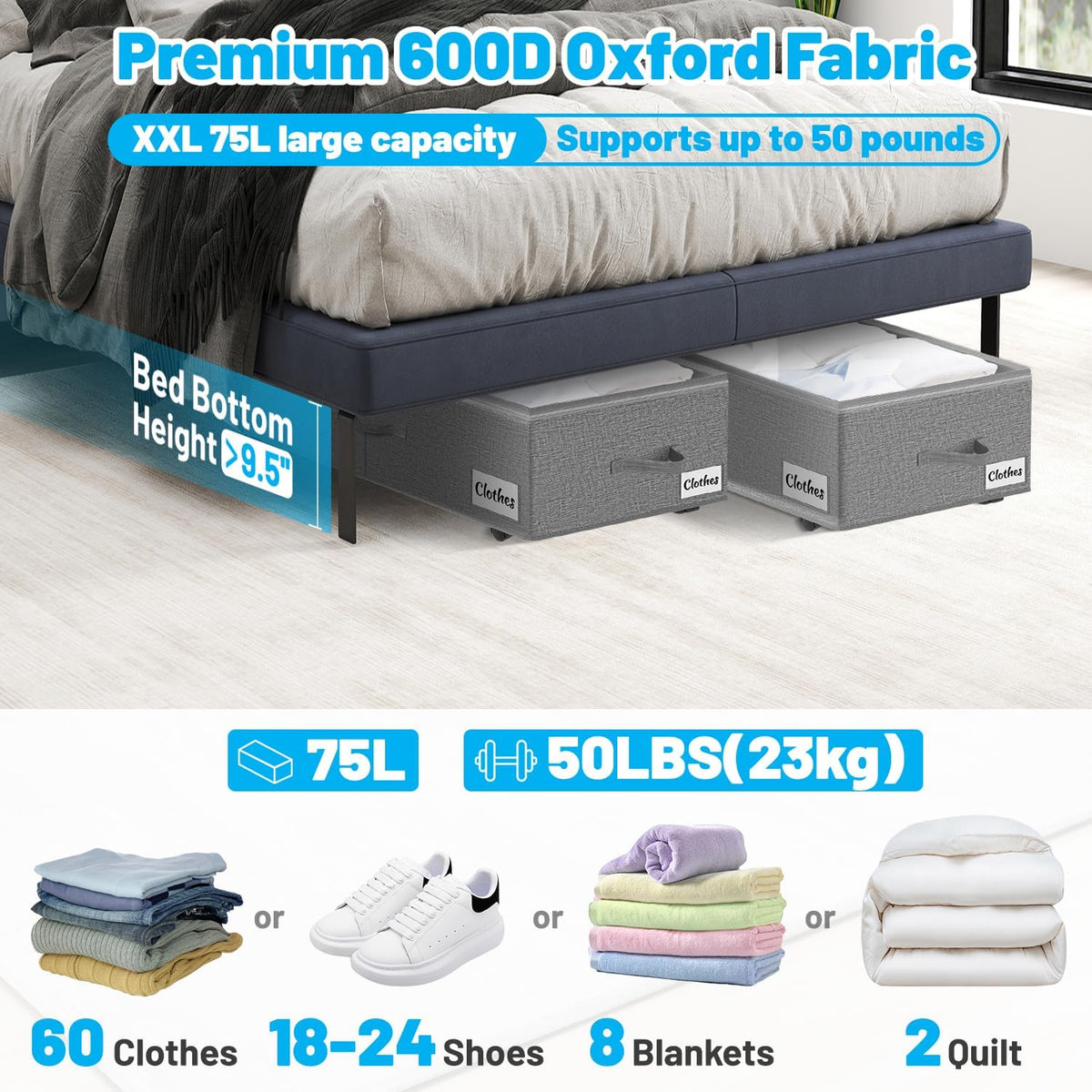 Under Bed Storage with Wheels, 2-Pack 10" Height XXL 75L Rolling