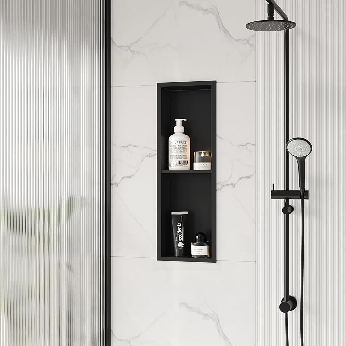 Stainless Steel Shower Niche 24" X 8", No-Tile Needed Wall Niche Double Shelves by Qeke