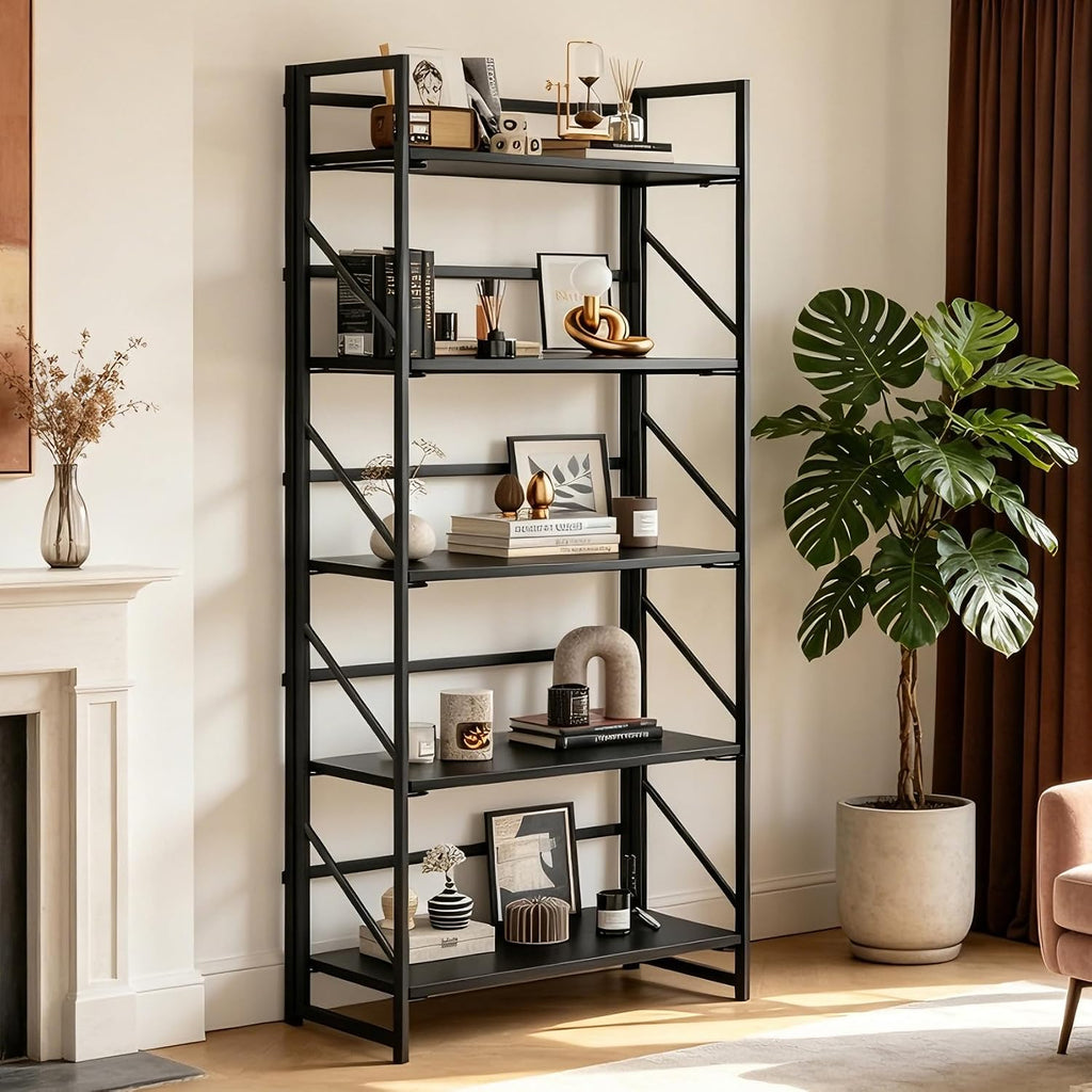 JSB No Assembly Folding Bookshelf, 5 Tier Industrial Metal Book Shelf