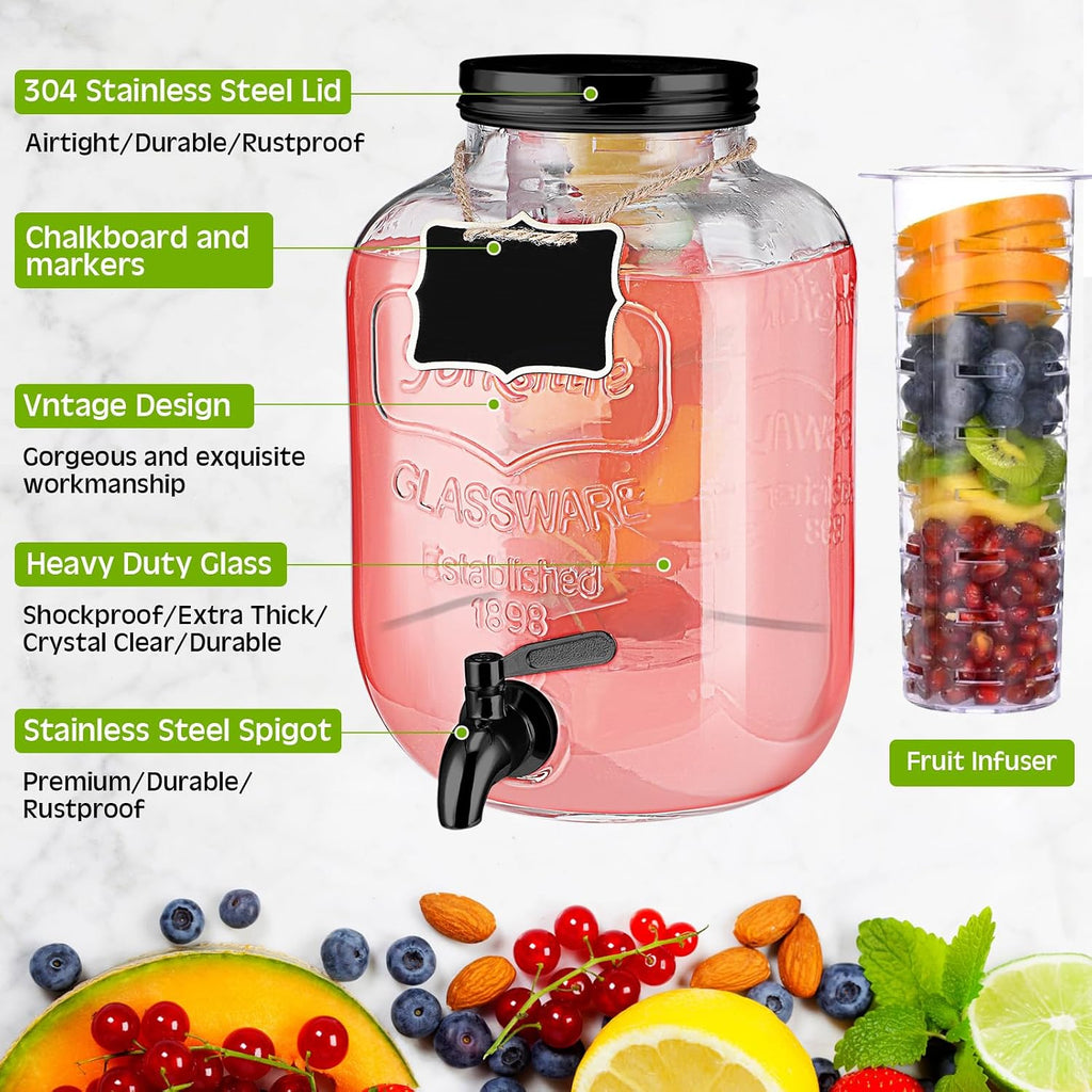 Lallisa 2 Pcs 2 Gallon Glass Drink Dispenser with Stand Ice Cylinder