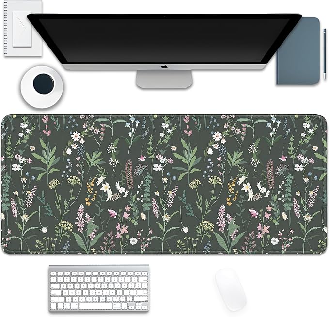 Green Plant Floral Mouse Pad, Large Flowers Mousepad Desk Pad by Unknown