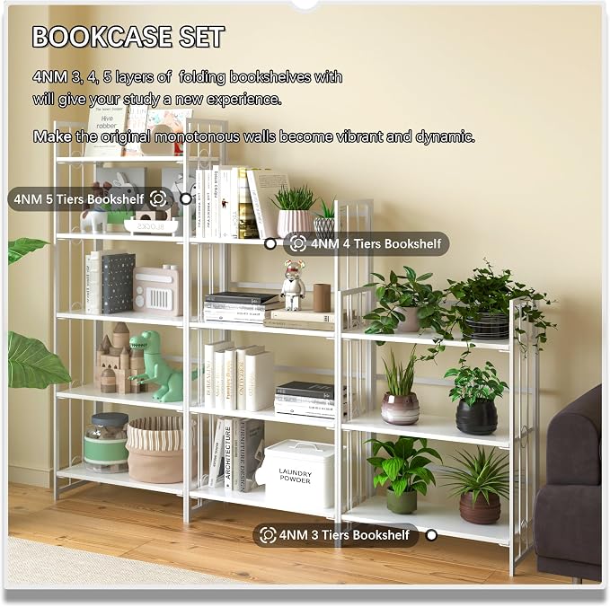 4NM No Assembly 5 Tiers Folding Bookshelf, 59.4" H Foldable Storage Shelves - Image 8