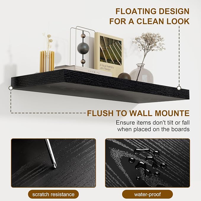 Black Floating Shelves for Wall, 27.5 Inch Bathroom Shelves Set of 2, Rustic - Image 5