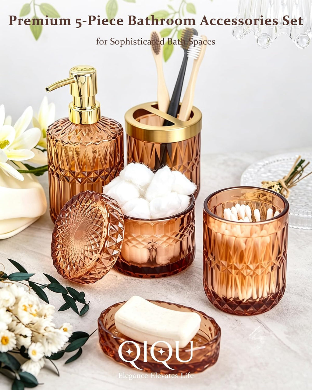 Amber 5Pcs Bathroom Accessories Set, Diamond Heavy Cut Glass Soap