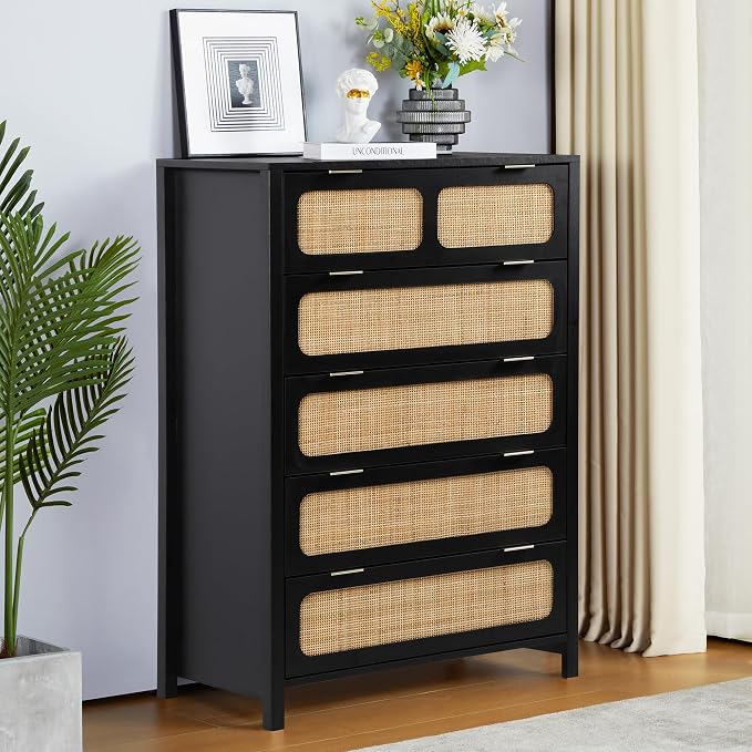 LEVNARY 5 Drawer Chest Dresser, Rattan Tall Dresser 5 Chest of Drawers Dressers - Image 6