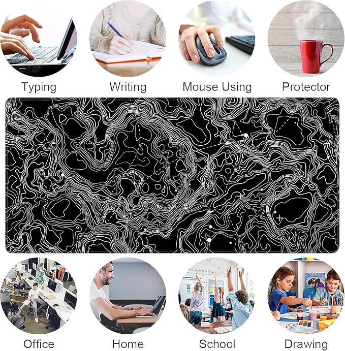 Black with White Topographic Line Large Mouse Pad, Gaming Keyboard Desk Pad - Image 7