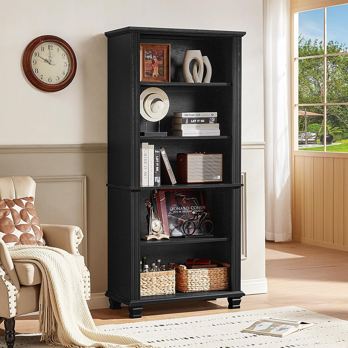 70" Tall Black Bookshelf,5 Tier Wooden Book Shelf with Adjustable