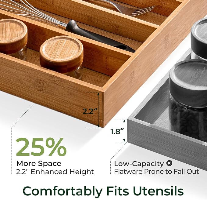 Carbonized Bamboo Kitchen Drawer Organizer, 8 Slots Silverware Organizer - Image 4
