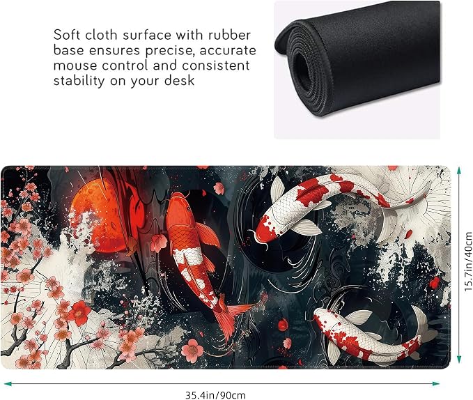 Koi Fish Large Mouse Pad, Gaming Keyboard Desk Pad, Extended Mouse Mat Non-Slip - Image 3