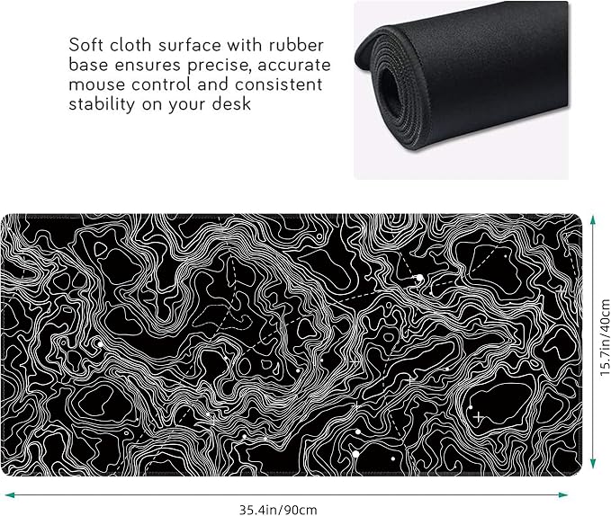 Black with White Topographic Line Large Mouse Pad, Gaming Keyboard Desk Pad - Image 3