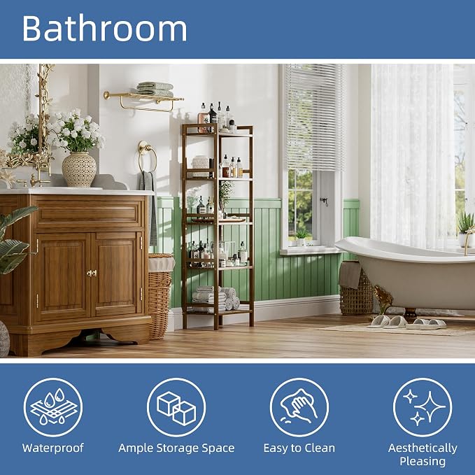 HITNET Bamboo Book Shelf, Tall Narrow Bookcase, Bathroom Shelving Unit 5 Tier - Image 5