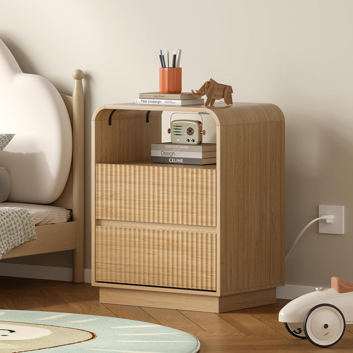 BORNOON Dresser with 2 Drawers and Charging Station, Fluted Bedside