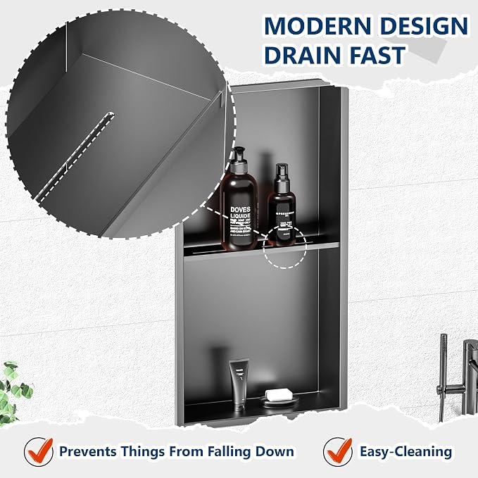 Stainless Steel Shower Niche 24" X 12", No Tile Needed Wall Niche Double Shelves - Image 5