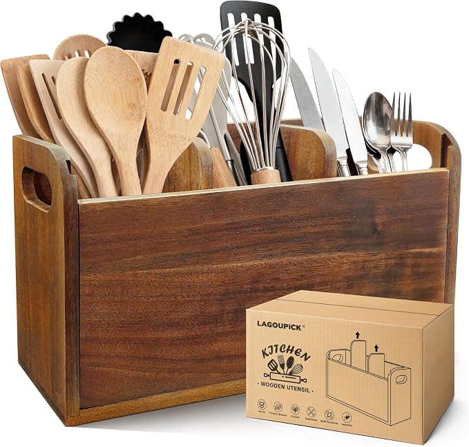 Acacia Wood Utensil Holder Kitchen Utensil Holder by Unknown