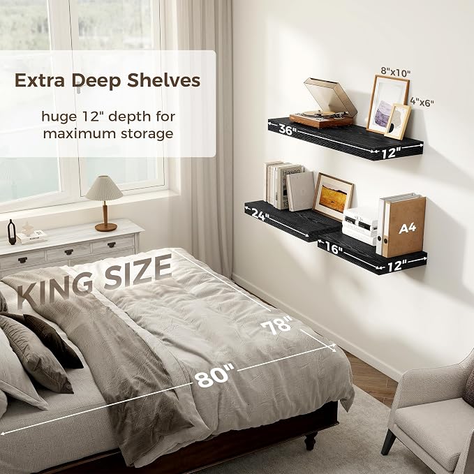 Black Floating Shelves 36 Inch Long, 12 Inch Deep Floating Shelves - Image 4