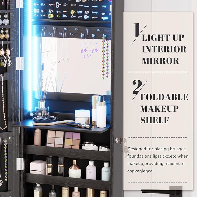 Vlsrka 47.2" LED Jewelry Armoire Organizer, Wall/Door Mounted - Image 5