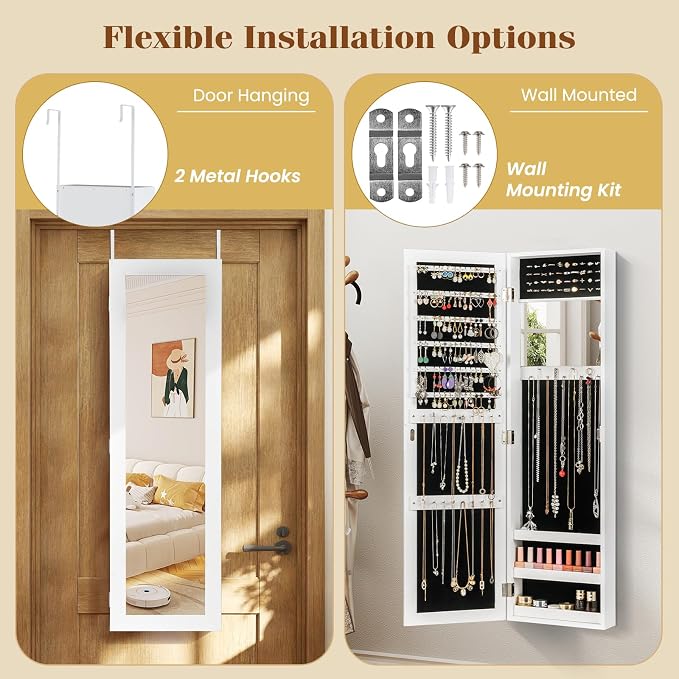 COSTWAY Full Length Mirror Jewelry Cabinet, Wall Door Mounted - Image 6