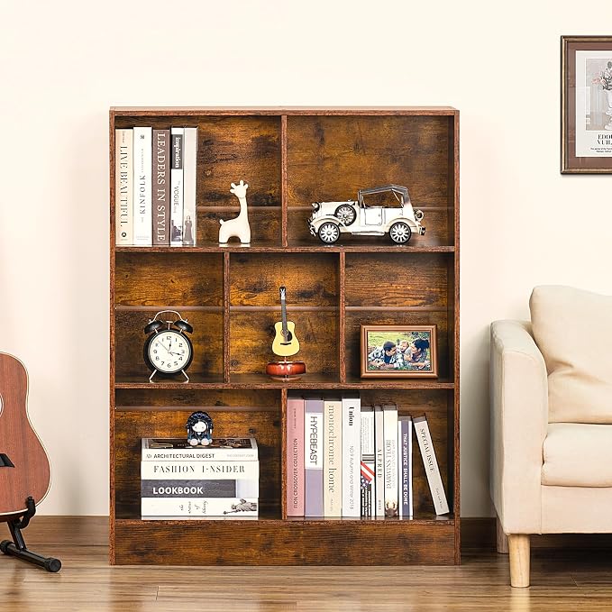 LEYAOYAO 7 Cube Bookshelf with Base, 3 Tier Mid-Century Modern Brown Bookcase - Image 4