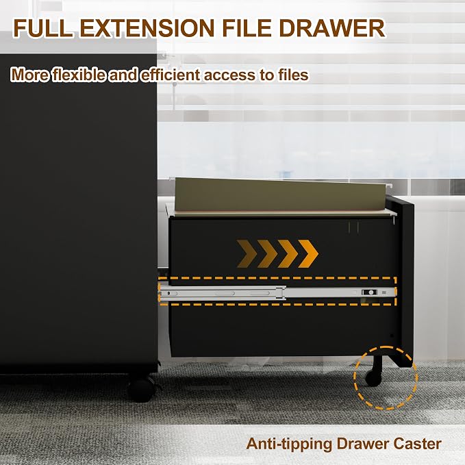 3 Drawer File Cabinet with Lock and 4 Keys, Mobile Metal Filing Cabinet - Image 5