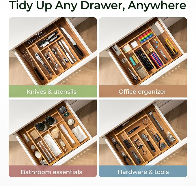 Carbonized Bamboo Kitchen Drawer Organizer, 10 Slots Expandable Silverware - Image 8