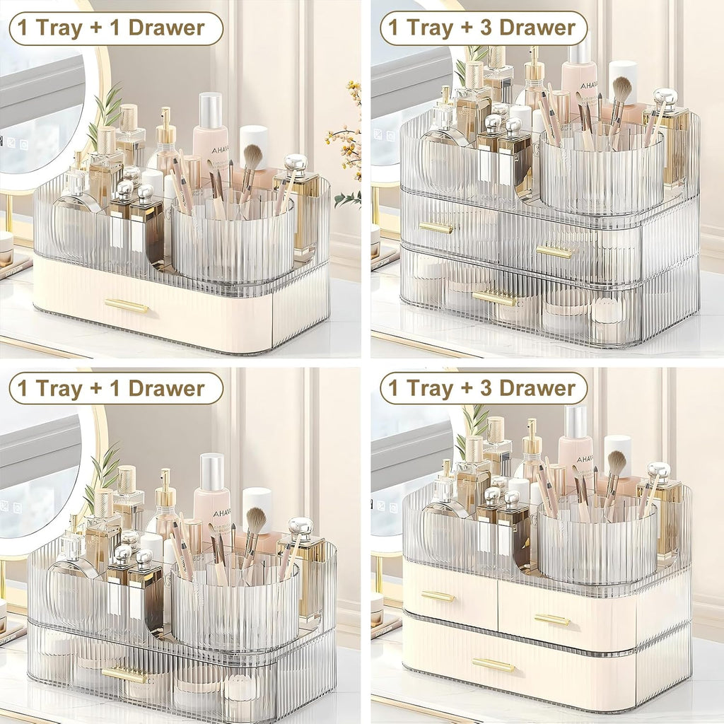DASITON Makeup Organizer with Drawers and Rotating Makeup Brush