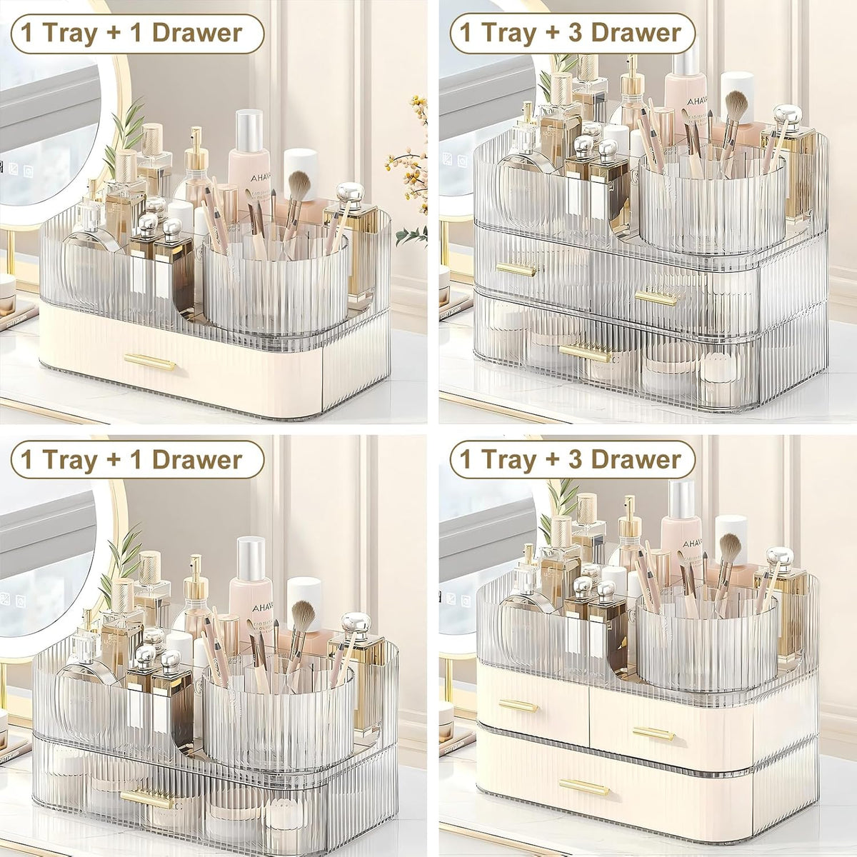 DASITON Makeup Organizer with Drawers and Rotating Makeup Brush