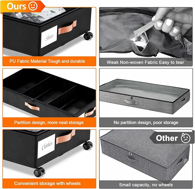 Under Bed Storage with Wheels, 4 Pack Under Bed Storage Container with Dividers - Image 3