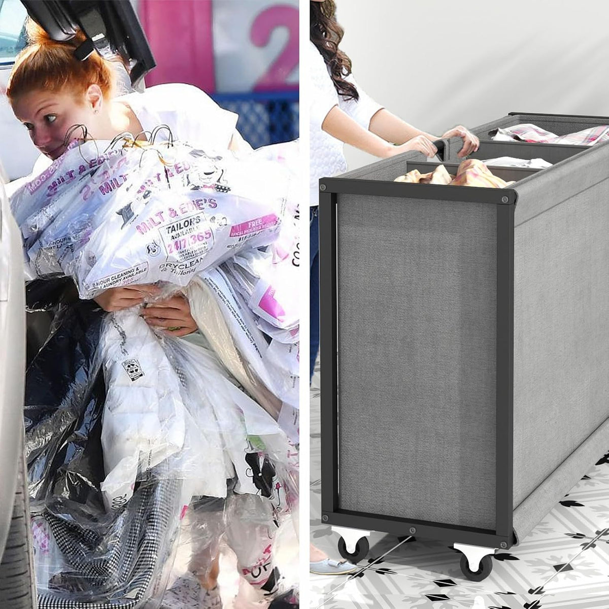 STIKELY Laundry Hamper Laundry Basket with 3 Section Pull-Out Rolling