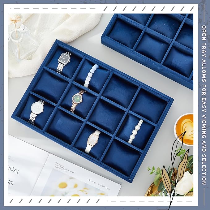 Henoyso 2 Pieces 12 Grid Velvet Watch Tray Jewelry Organizer Stackable Watch - Image 5