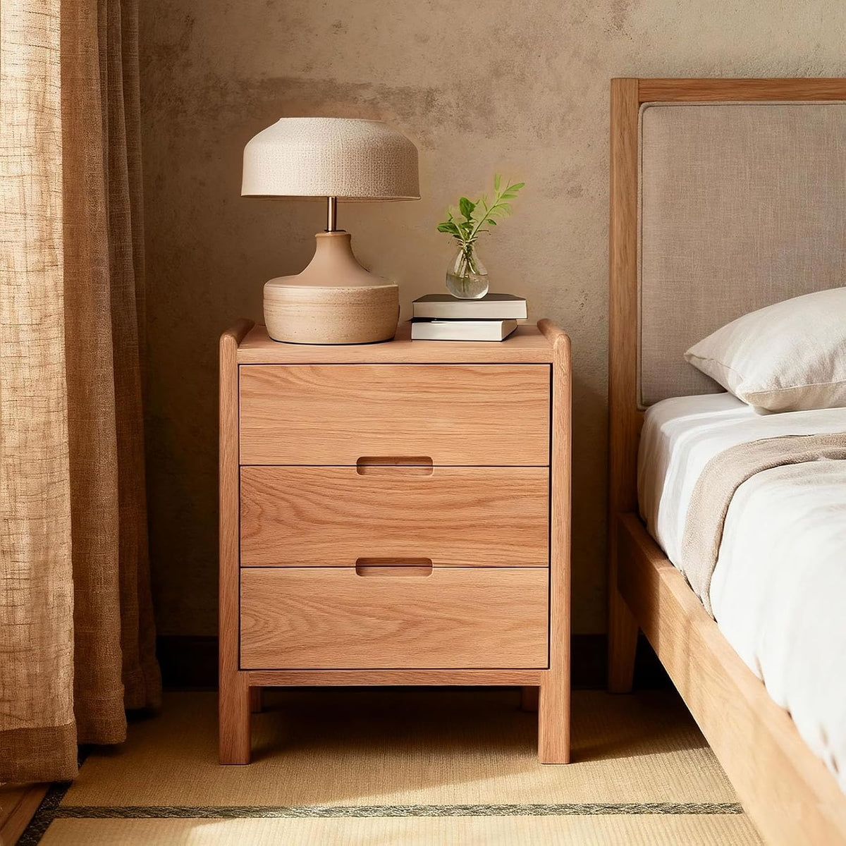 Nightstand, Solid Wood Small End Table w/3 Drawers, Modern Bedside