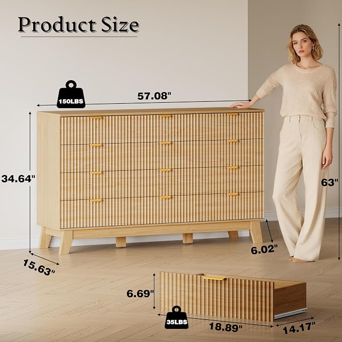 57" Wide Dresser for Bedroom, 12-Drawer Fluted Dresser - Image 2