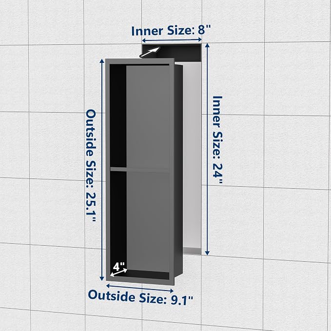 Stainless Steel Shower Niche 24" X 8", No Tile Needed Wall Niche Double Shelves - Image 2