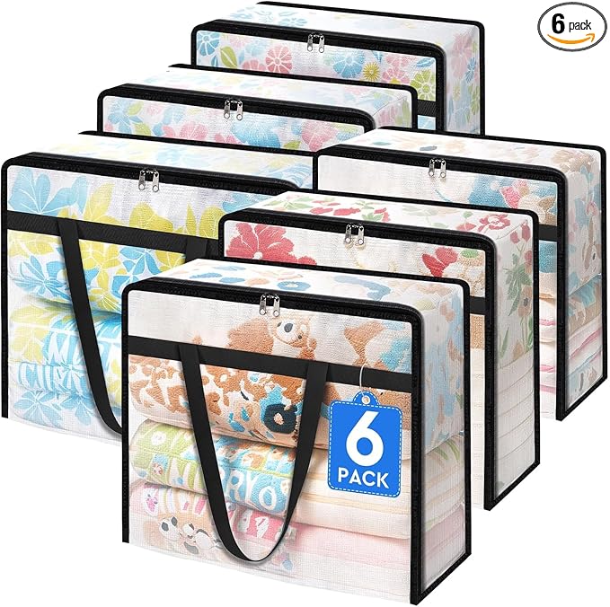 BlissTotes 6 Pack Clear Clothes Storage Bags, Moving Bags, Foldable Blanket by BlissTotes