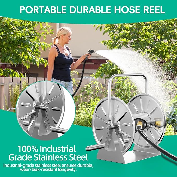 SPECILITE Stainless Steel Garden Hose Reel, Portable Outdoor Metal Wall - Image 2