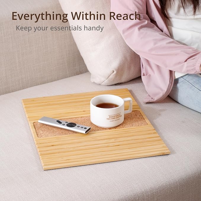 DETOR Sofa Arm Tray with Grained Cork Pad, Natural Bamboo Finish, Enhanced - Image 2