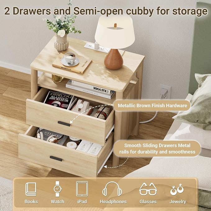Night Stand Set of 2 with Charging Station, 2 Drawers End Table with Open Shelf - Image 6